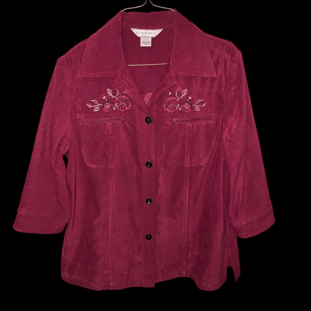 Allison Daley Li Jacket Top Floral Embroidery Print 3/4 Sleeve Size 14